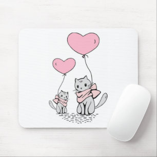 PINK VALENTINE HEART BALLOONS WITH GRAY KITTENS MOUSE MAT