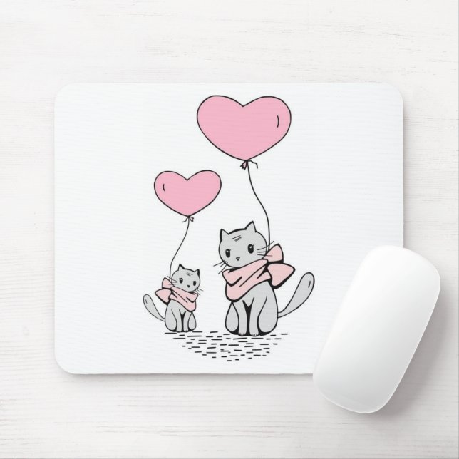 PINK VALENTINE HEART BALLOONS WITH GRAY KITTENS MOUSE MAT (With Mouse)