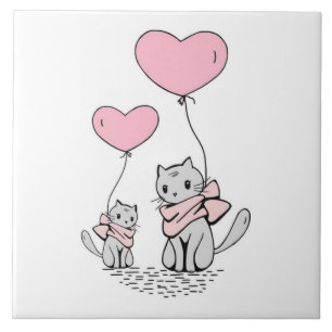 PINK VALENTINE HEART BALLOONS WITH GRAY KITTENS TILE