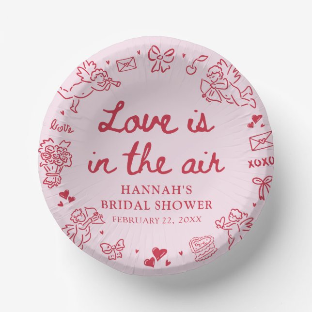 Pink Valentine Love is in the Air Bridal Shower Paper Plate (Front)