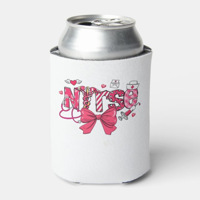 Pink Valentine Nurse, Valentine Coquette Bow Overs Can Cooler (Can Front)