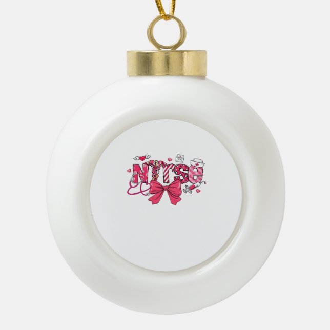 Pink Valentine Nurse, Valentine Coquette Bow Overs Ceramic Ball Christmas Ornament (Front)
