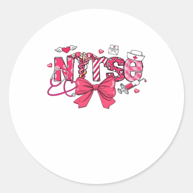 Pink Valentine Nurse, Valentine Coquette Bow Overs Classic Round Sticker (Front)