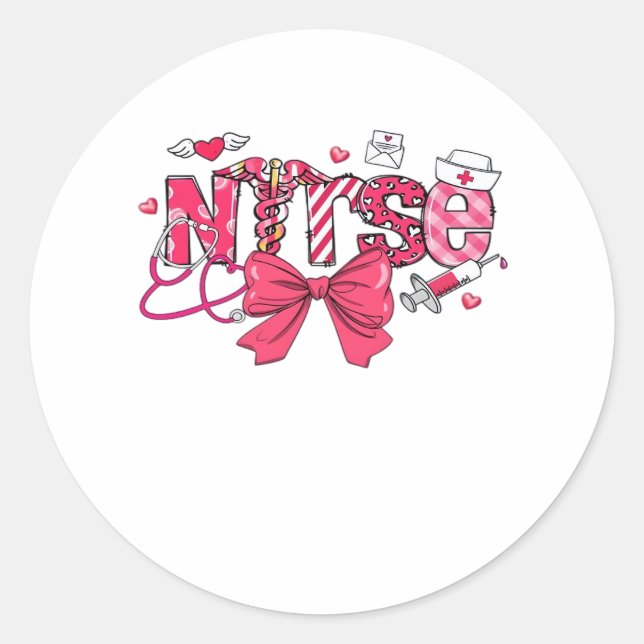 Pink Valentine Nurse, Valentine Coquette Bow Overs Classic Round Sticker (Front)