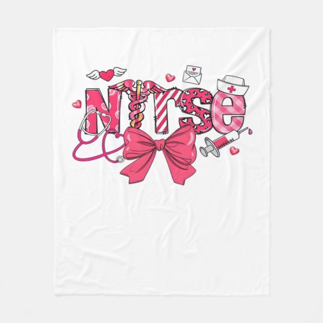 Pink Valentine Nurse, Valentine Coquette Bow Overs Fleece Blanket (Front)