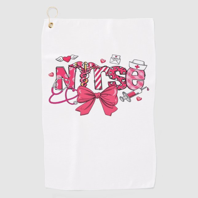 Pink Valentine Nurse, Valentine Coquette Bow Overs Golf Towel (Front)