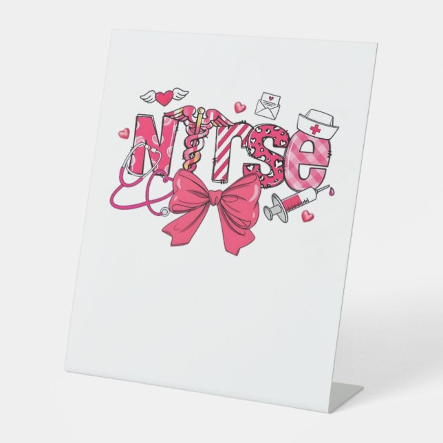 Pink Valentine Nurse, Valentine Coquette Bow Overs Pedestal Sign (Front)