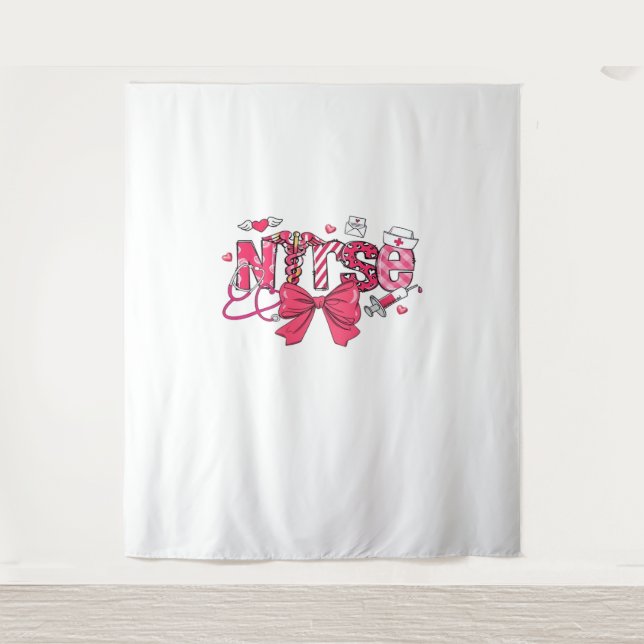 Pink Valentine Nurse, Valentine Coquette Bow Overs Tapestry (Front)