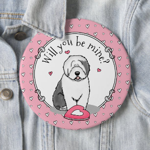 Pink Valentine Old English Sheepdog Dog Grey 1 Fun 6 Cm Round Badge