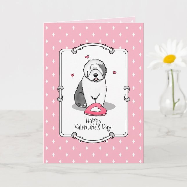 Pink Valentine Old English Sheepdog Dog Grey 1 Fun Card (Small Plant)