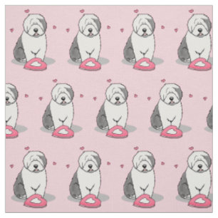 Pink Valentine Old English Sheepdog Dog Grey 1 Fun Fabric