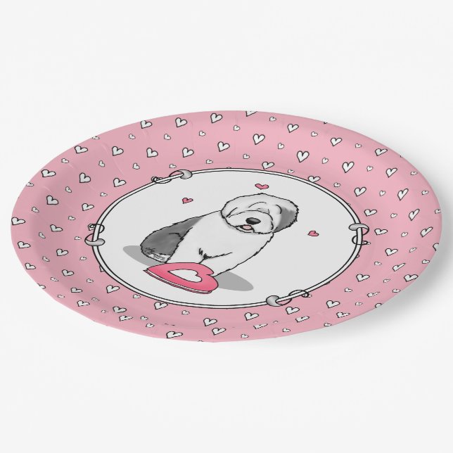 Pink Valentine Old English Sheepdog Dog Grey 1 Fun Paper Plate (Angled)