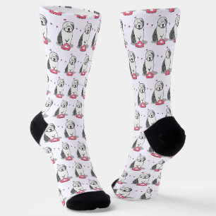 Pink Valentine Old English Sheepdog Dog Grey 1 Fun Socks