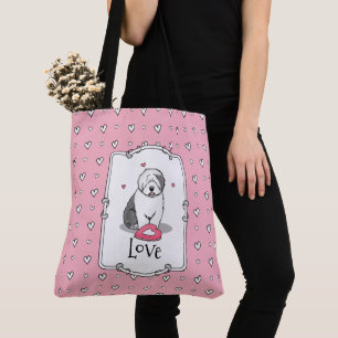 Pink Valentine Old English Sheepdog Dog Grey 1 Fun Tote Bag