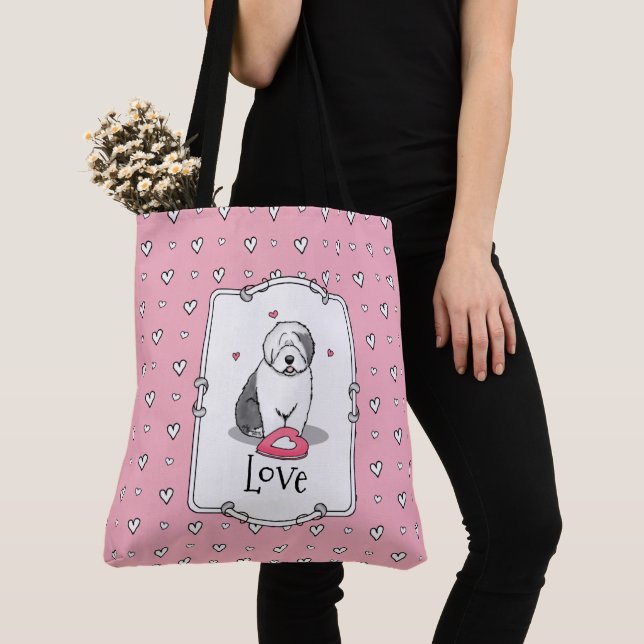 Pink Valentine Old English Sheepdog Dog Grey 1 Fun Tote Bag (Close Up)