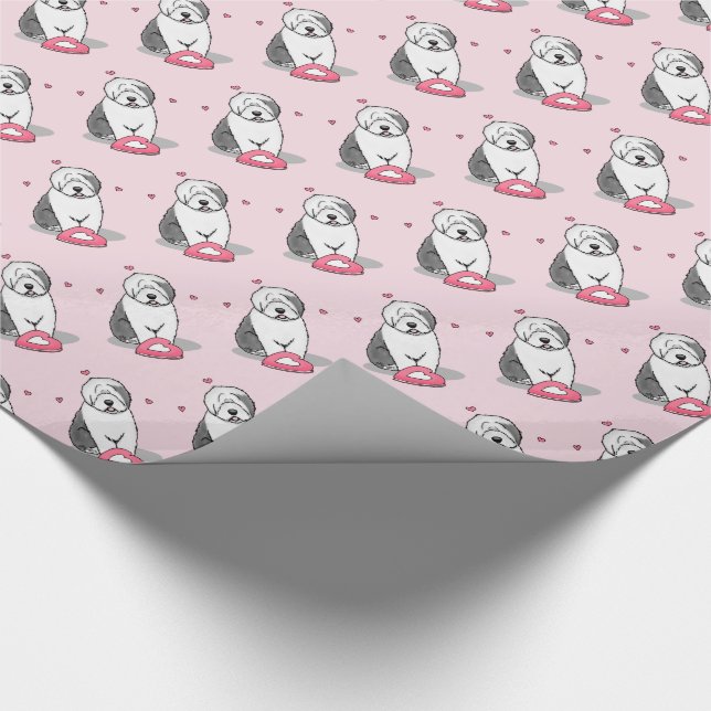 Pink Valentine Old English Sheepdog Dog Grey 1 Fun Wrapping Paper (Corner)