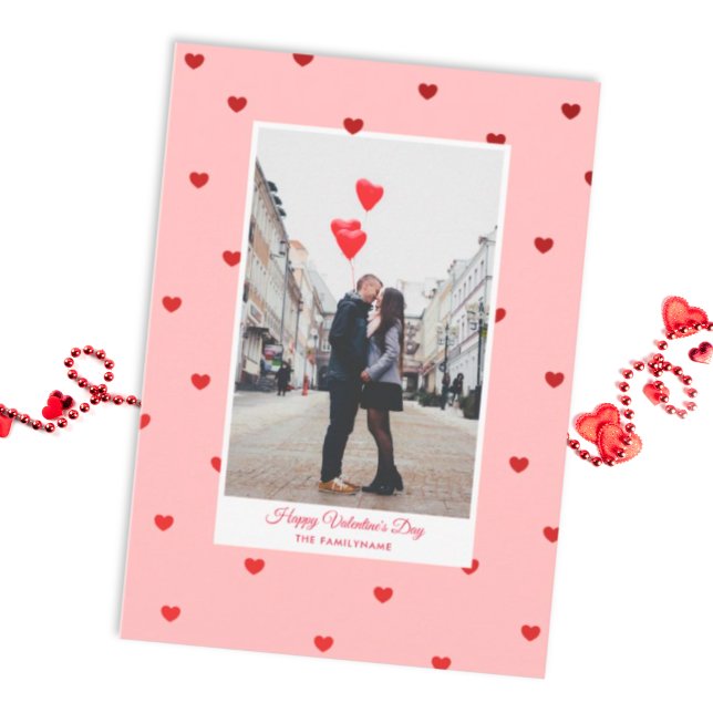 Pink Valentine’s Day photo card with red hearts (A Valentine's Day Postcard to send your love with a tiny pinch of vintage romance)