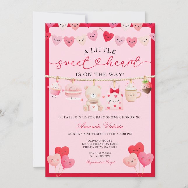 Pink Valentine Sweetheart Gift Bear Baby Shower Invitation (Front)