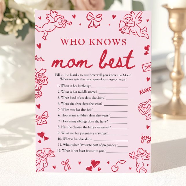 Pink Valentine Who Knows Mom Best Baby Shower Game Invitation (Pink Valentine Who Knows Mom Best Baby Shower Game)