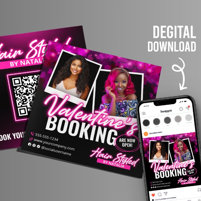 Pink Valentines Day Booking Hairstylist Flyer Card (Creator Uploaded)