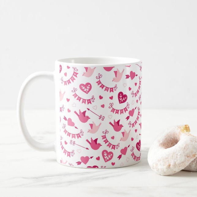 Pink Valentine's Day Hearts Birds Arrows Pattern Coffee Mug (With Donut)