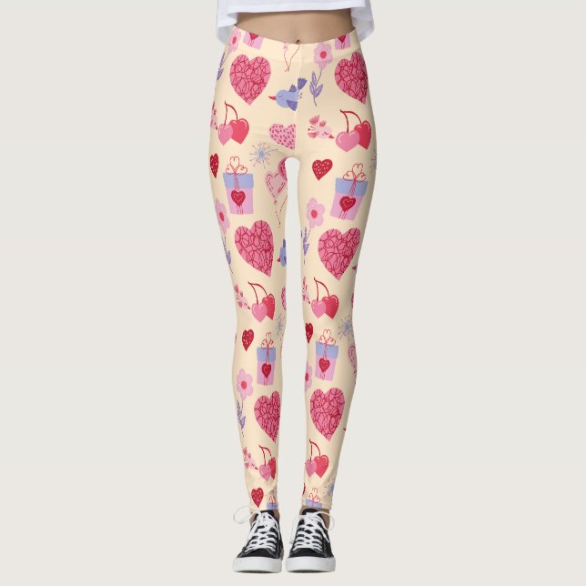 Pink Valentine's Day Icon Pattern Leggings (Front)