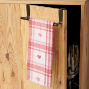 Pink Valentine's Day Romantic Plaid Heart Pattern Tea Towel