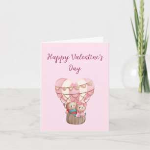 Pink Valentine's Day teddy bear hot air balloon Card