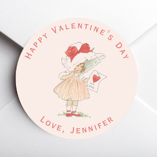 Pink Valentine's Day Vintage Cute Girl Red Heart Classic Round Sticker