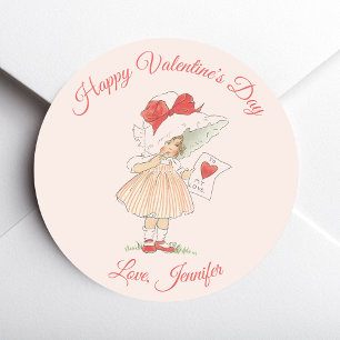Pink Valentine's Day Vintage Cute Girl Red Script Classic Round Sticker