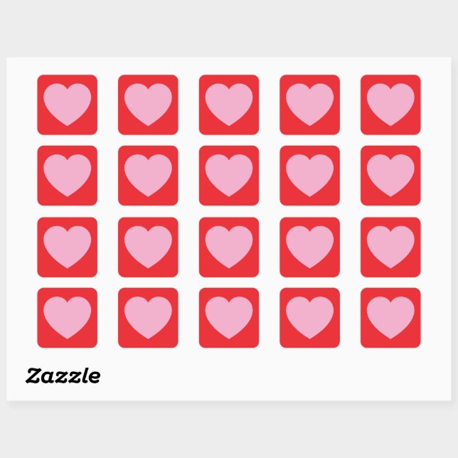 Pink Valentines Heart on Red Square Sticker (Sheet)