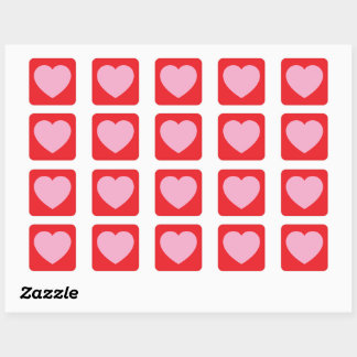 Pink Valentines Heart on Red Square Sticker