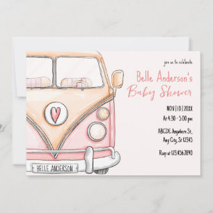 Pink van vintage baby shower invitation