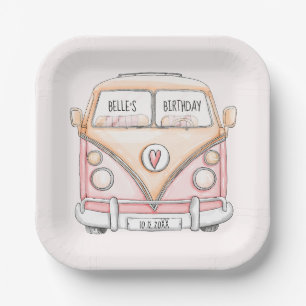 Pink van vintage birthday paper plate
