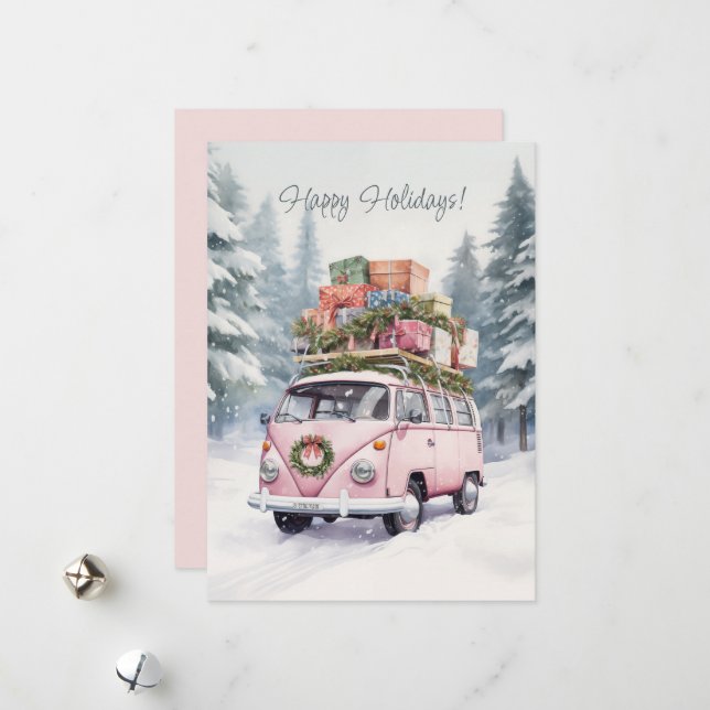 Pink Vanagon Flat Holiday Card (Front/Back In Situ)