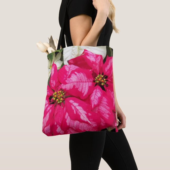 Pink Variegated Poinsettia Holiday Tote Bag (Close Up)