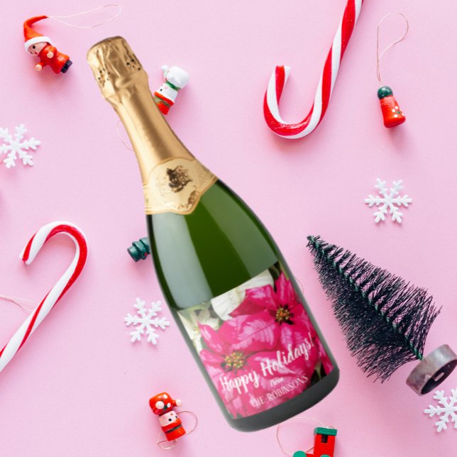 Pink Variegated Poinsettias Personalised Holiday Sparkling Wine Label (In Situ Holiday)
