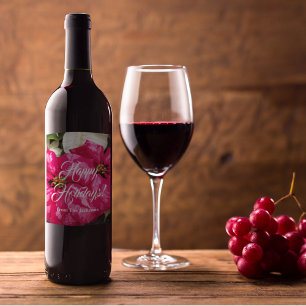 Pink Variegated Poinsettias Personalised Holiday Wine Label