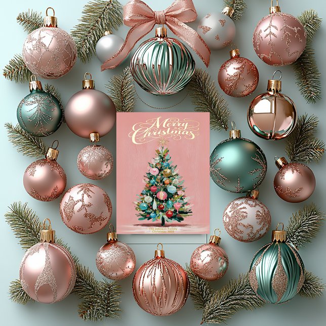 Pink Velvet Christmas Tree Foil Holiday Card (Festive Blush Pink Paint Stroke Christmas Tree Foil Christmas Card )