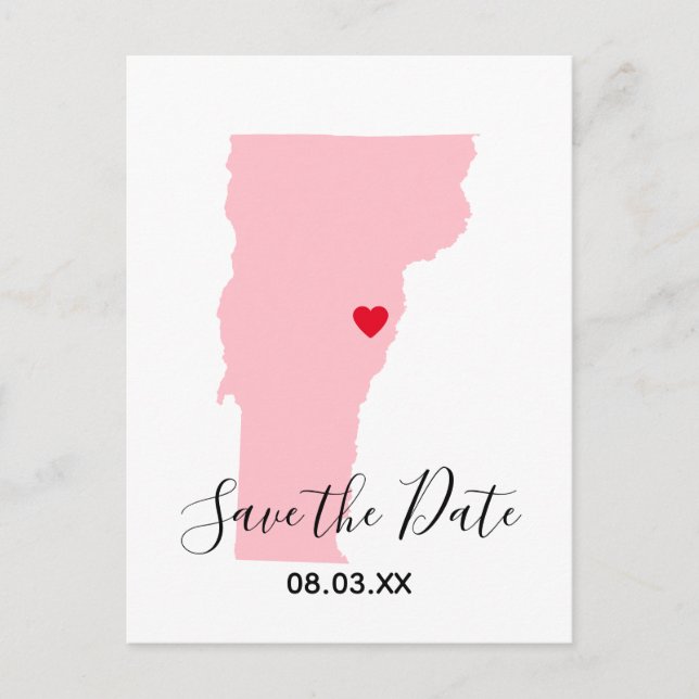 Pink Vermont Red Heart Save the Date Announcement Postcard (Front)