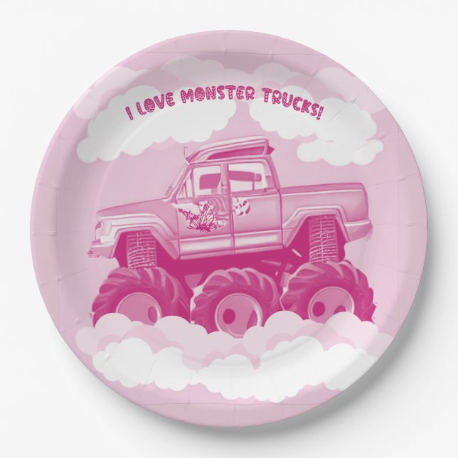 Pink Version I Love Monster Trucks Image     Paper Plate (Front)