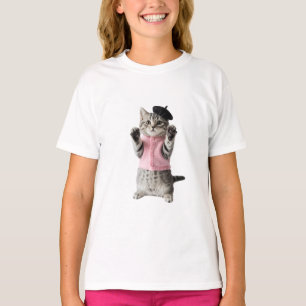 Pink Vest Beret Cat Kids T-Shirt