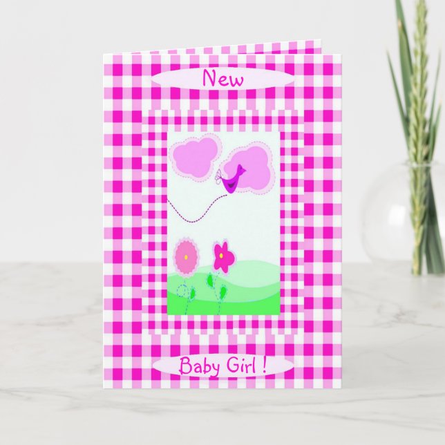 Pink Vichy New Baby Girl Announcement (Front)