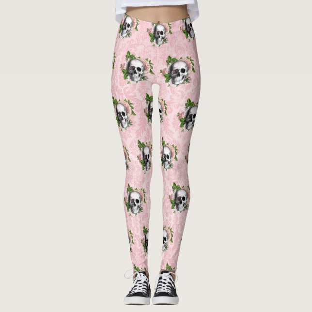 Pink Victorian Gothic Glam Skeleton and Damask  Leggings (Front)