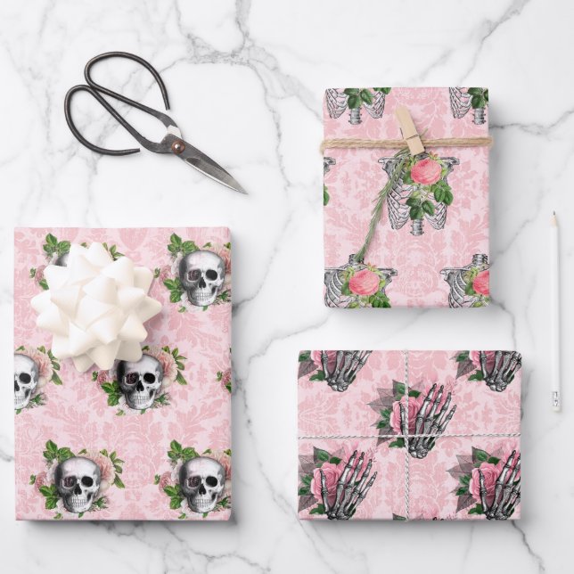 Pink Victorian Gothic Glam Skeleton and Damask  Wrapping Paper Sheet (Front)