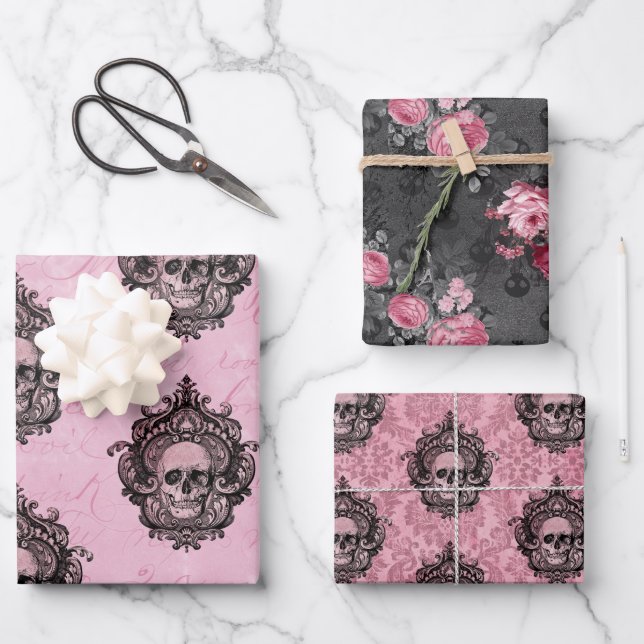 Pink Victorian Gothic Glam Skull and Damask  Wrapping Paper Sheet (Front)