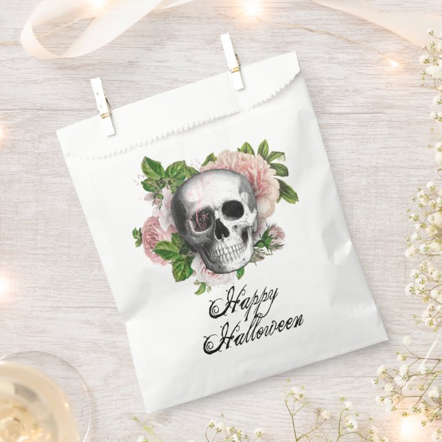 Pink Victorian Gothic Skull Damask Halloween Favour Bags (Clipped)