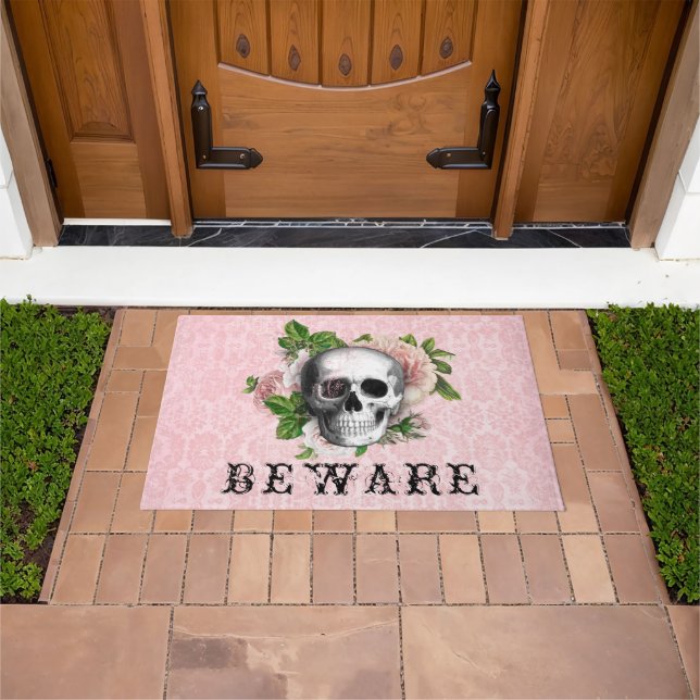 Pink Victorian Gothic Skull Halloween Beware  Doormat (Outdoor)