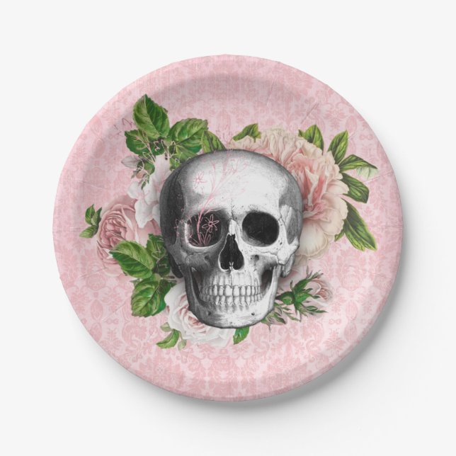 Pink Victorian Gothic Skull Halloween Paper Plate (Front)
