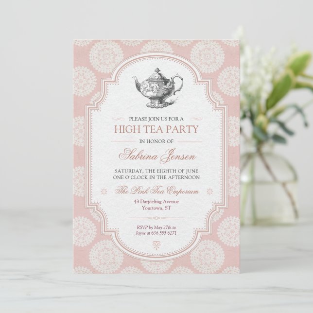 Pink Victorian High Tea Party Invitation (Standing Front)